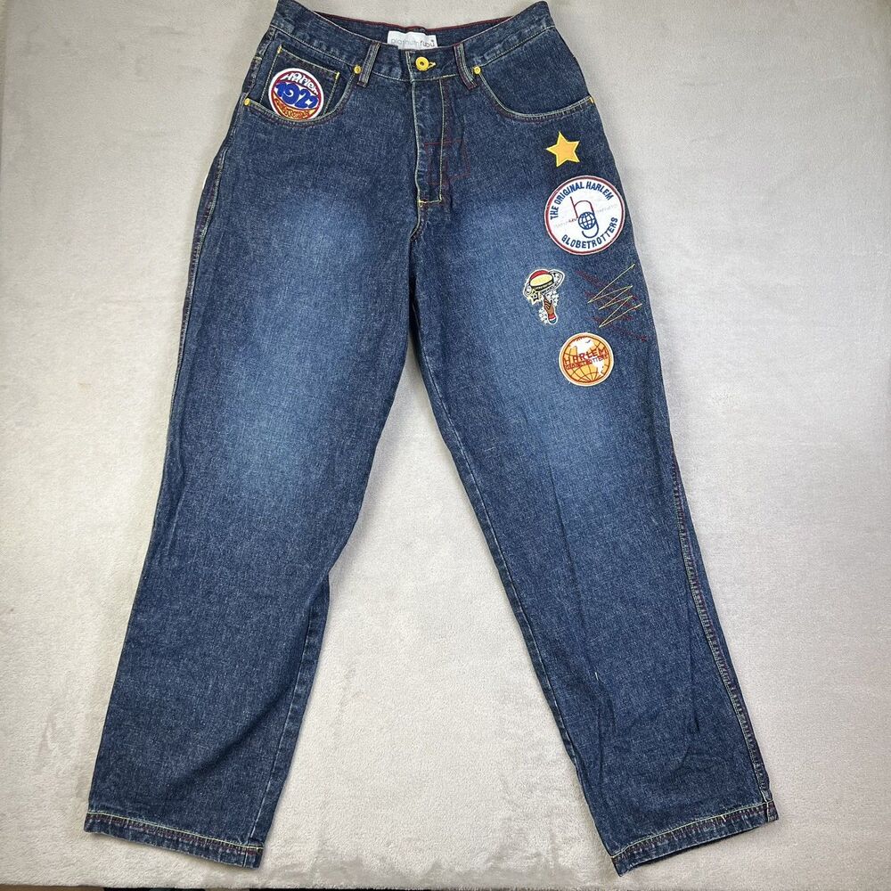Platinum FUBU Jeans Mens 32 Harlem Globetrotters Patches Blue Y2K Hip Hop